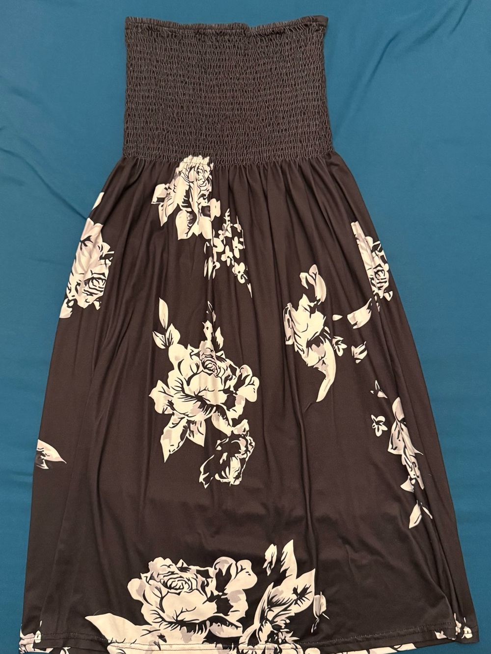 SHEIN Black Strapless Floral Maxi Dress with White Roses
